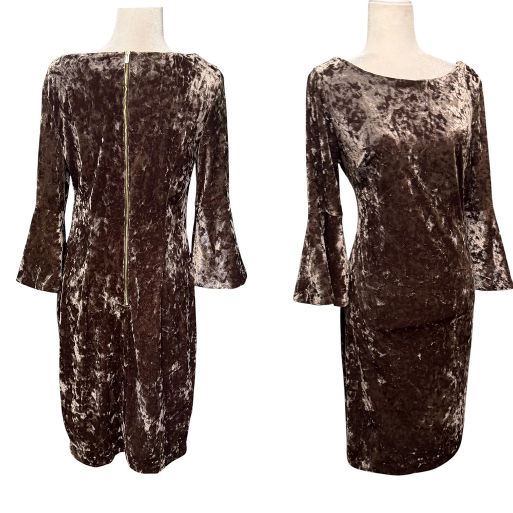 Calvin Klein Sheath Dress Women 10 Brown Crushed Burnout Velvet Bell Sleeve Glam